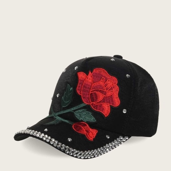 Woman's Floral Rhinestone Embellished Black Baseball Cap - Picture 3 of 5